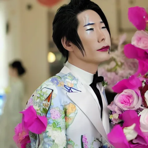 Prompt: a flamboyant japanese man that has had lots of plastic surgery, wears lots of makeup and has smooth skin wearing a wedding dress