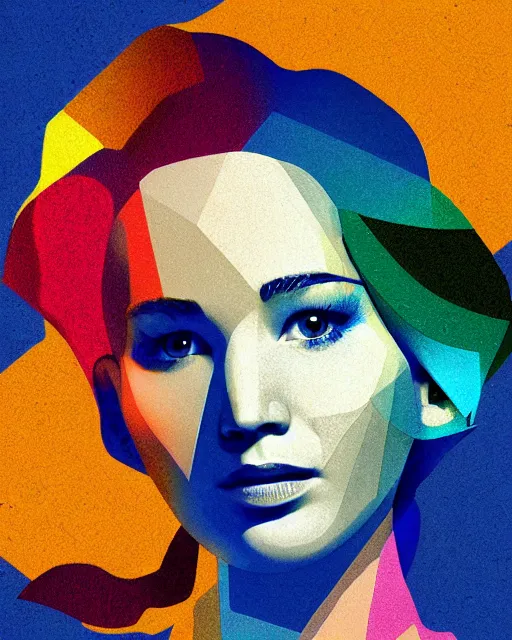 Prompt: cubist portrait of jennifer lawrence cutout digital illustration cartoon colorful beeple