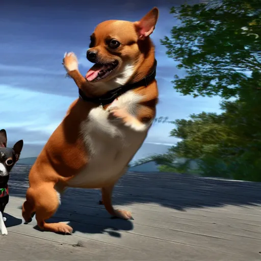 Image similar to chihuahua riding on top of a ROTTWEILER, rendered in unreal engine