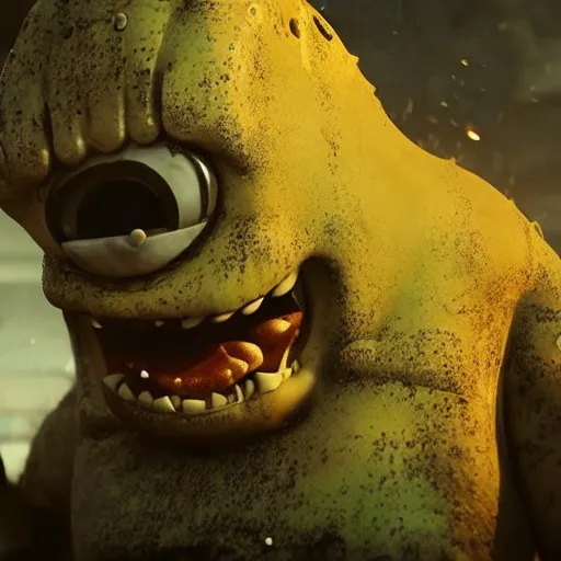 Image similar to evil large spongebob monster in gears of war, splash art, movie still, detailed face, photorealistic facial features, cinematic lighting, dramatic, octane render, long lens, shallow depth of field, bokeh, anamorphic lens flare, 8 k, hyper detailed, 3 5 mm film grain