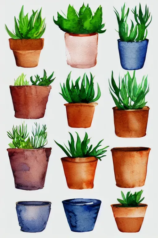 Image similar to minimalist watercolor art of cute flower pots on white background, illustration, vector art