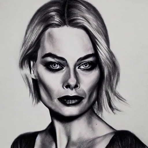 Prompt: charcoal drawing of margot robbie | horror themed | creepy