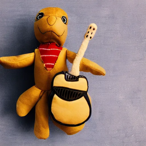 Image similar to a photograph of a turtle plush toy, he is happily playing drums, he is wearing a leather coat, vivid color, 50mm, depth of field