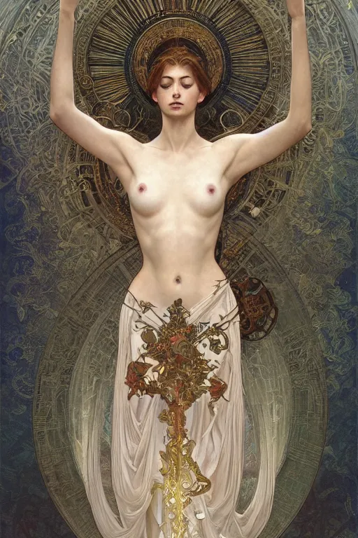 Image similar to a full body portrait of a beautiful ethereal delicate roman mage queen meditative sacral pose catholic stages of the cross, intricate, elegant, highly detailed, digital painting, artstation, concept art, smooth, sharp focus, illustration, art by krenz cushart and artem demura and alphonse mucha