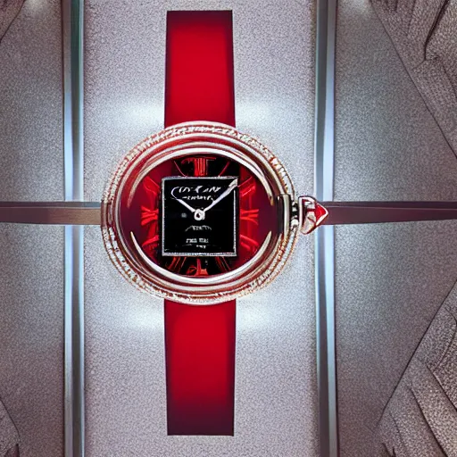 Prompt: a red luxury arm wrist in year 3000, art-deco style, in entrance hall of an art-deco skyscaper, photography , official cartier editorial , highly detailed