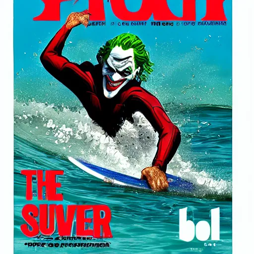 Image similar to the joker catching a wave, cover of surfer magazine, july 2 0 1 1