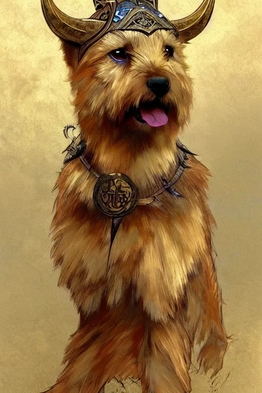 Image similar to norwich terrier as an Viking warrior, fantasy, intricate, elegant, highly detailed, digital painting, artstation, concept art, smooth, sharp focus, illustration, art by alphonse mucha