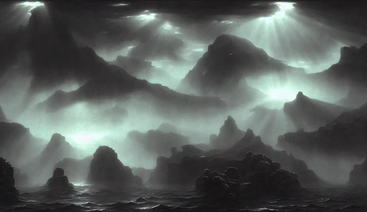 Image similar to low ultrawide shot, dark, underwater men statues, submerged pre - incan temple with carvings, abyss, stylized, anime style mixed with fujifilm, detailed gouache paintings, crepuscular rays, dark, murky, foggy, atmospheric, nicola samori, albert bierstadt, frederic edwin church, beksinski, wayne barlowe's inferno