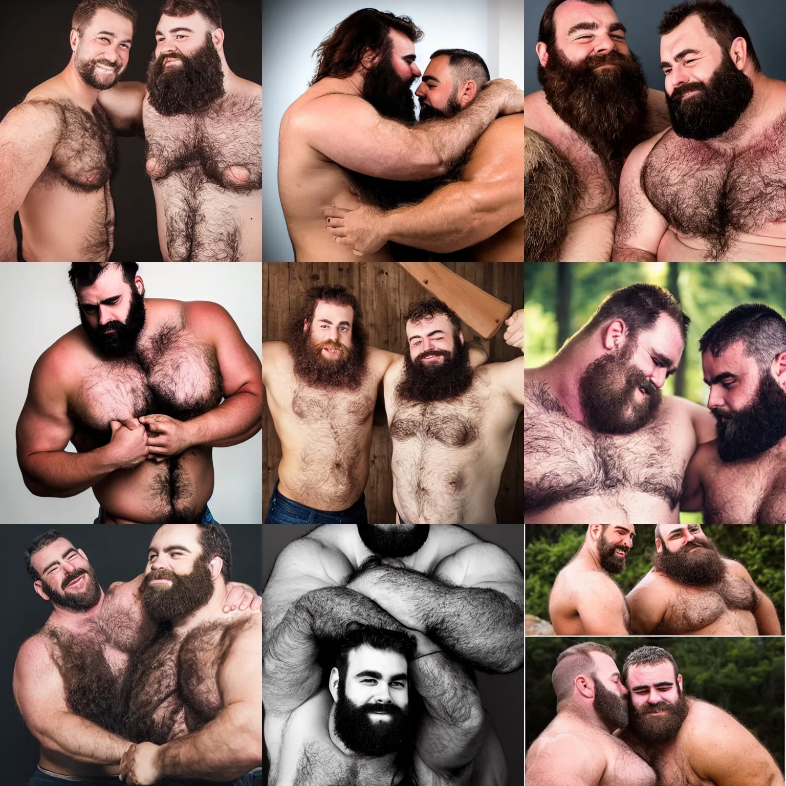 Prompt: massive hairy stronmen with thick body hair smelling each other's armpits, photography