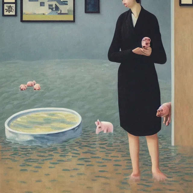 Image similar to tall female emo artist holding a pig in her flooded bathroom, water gushing from ceiling, painting of flood waters inside an artist's bathroom, a river flooding indoors, pomegranates, pigs, ikebana, zen, water, octopus, river, rapids, waterfall, black swans, canoe, berries, acrylic on canvas, surrealist, by magritte and monet