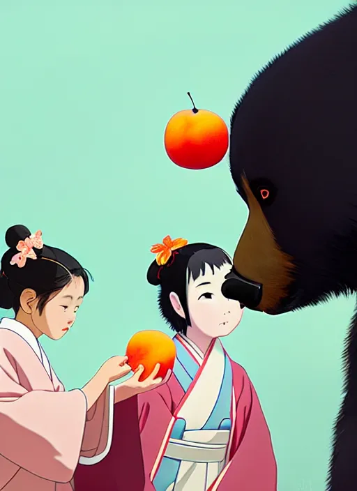 Image similar to painting of a girl wearing a kimono giving a peach to an anthropomorphic asian black bear, featured in artstation, octane render, cinematic, elegant, intricate, 8 k, close up, in the style of studio ghibli and heikala and most famous japanese artists,