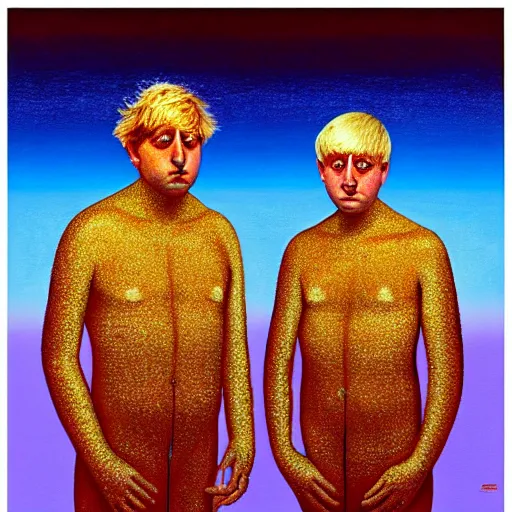 Image similar to rishi sunak and boris johnson on mars, abstract oil painting by gottfried helnwein pablo amaringo raqib shaw zeiss lens sharp focus high contrast chiaroscuro gold complex intricate bejeweled