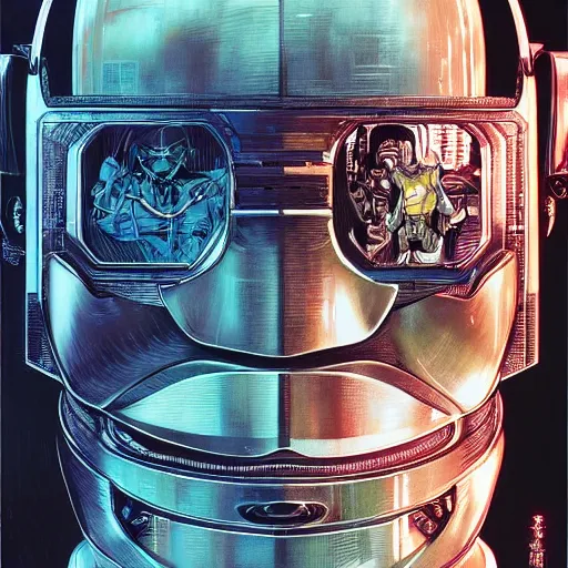 Image similar to portrait closeup of crazy robocop, symmetrical, cinematic colors, by yoichi hatakenaka, masamune shirow, josan gonzales and dan mumford, ayami kojima, takato yamamoto, barclay shaw, karol bak, yukito kishiro