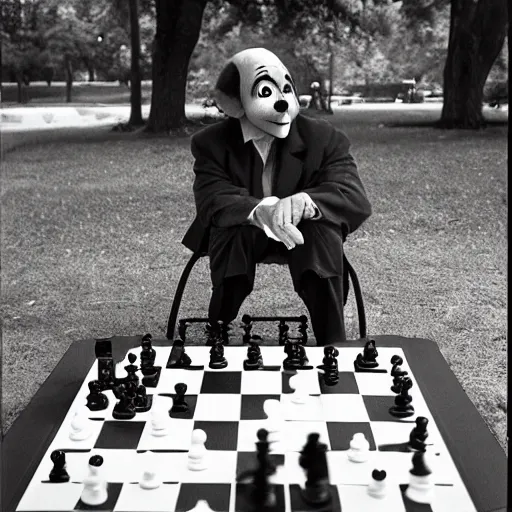 Image similar to portrait photo of a clown playing chess in a park by annie liebovitz,