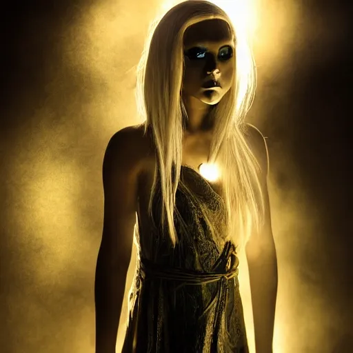 Image similar to Award-winning photograph of a beautiful young female drow wizard, dramatic lighting