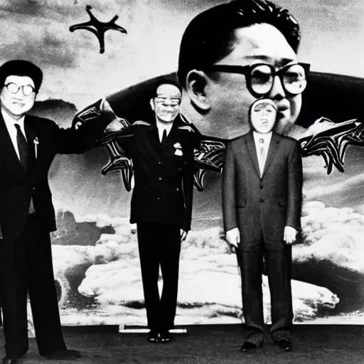 Image similar to rare vintage footage of a Kaiju Starfish monster overshadowing Kim Jong-il, obscured underexposed view