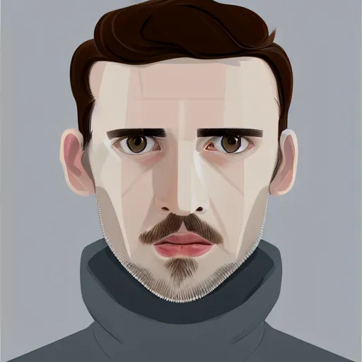 Image similar to gangly man with short blond brown wavy hair, blond brown stubble beard, no mustache, English heritage, grey eyes, middle aged, wearing a turtleneck and jacket, pale skin, narrow face, digital art, painterly, cartoon, cute, 8k, illustration, art by loish, painterly, trending on artstation, medium shot, uncropped