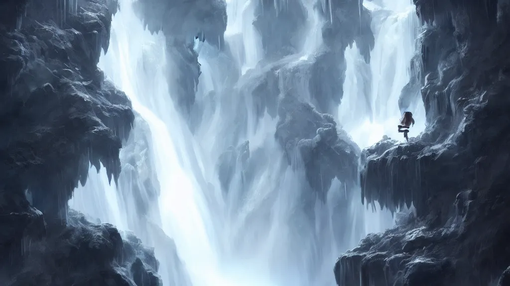 Image similar to a flying ghost!!! in a waterfall, hyperdetailed, artstation, cgsociety, 8k