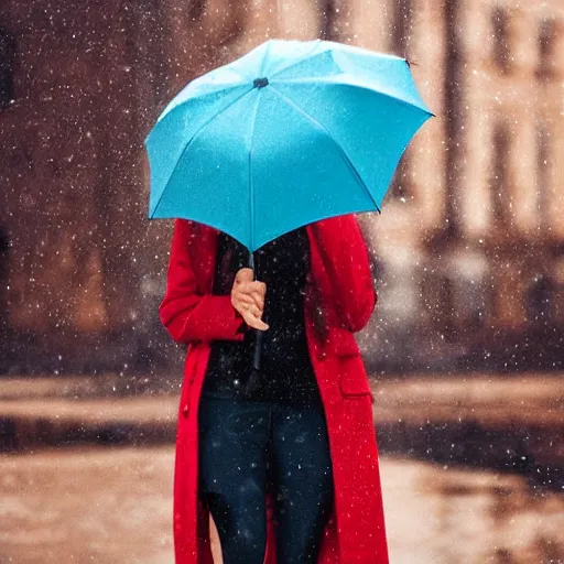 Image similar to woman with red coat and cyan umbrella