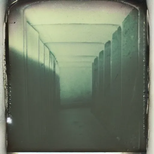 Prompt: a dark and narrow glacier tunnel, dark, creepy, eerie, unsettling, terrifying, old polaroid, expired film, deep,