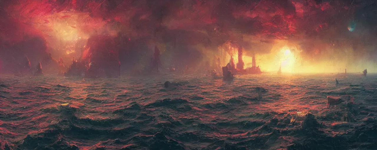 Image similar to ” ocean made of blood and rats, [ bubbles, by paul lehr, cinematic, detailed, epic, widescreen, opening, establishing, mattepainting, photorealistic, realistic textures, octane render ] ”