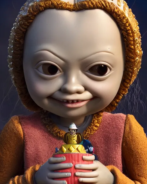 Image similar to highly detailed closeup, face profile portrait of a tin toy greta thunberg as a medieval goblin eating cakes in a castle, bikini, depth of field, nicoletta ceccoli, mark ryden, lostfish, dan decarlo, bob clampett, max fleischer, detailed and intricate environment, 8 k resolution, hyperrealistic, octane render