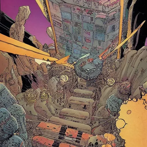 Prompt: a highly detailed comic book cover of many robot shrines connected to an underground rockwall by moebius