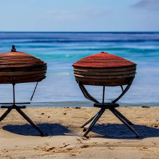 Image similar to two oblong woks on a beach, photorealistic, 8k