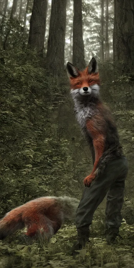 Prompt: half boy half fox hybrid, sunny day in the forrest, moody , lovecraft, giger, ridley scott, zack snyder, Fenghua Zhong, realistic cinematic lighting, establishing action shot, ultra detailed, hyper realism, photo, octane render.