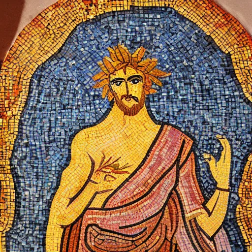 Prompt: antique mosaic depicting Dionysus illuminated by the sun