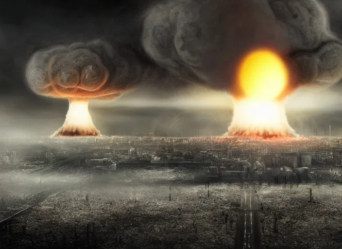 Image similar to soft drawing of a photorealistic life-like nuclear explosion with a mushroom cloud and shockwaves with dust and fog in the city. Centered. Horror dystopia style. Highly detailed 8k. Intricate. Nikon d850 300mm. Award winning photography.