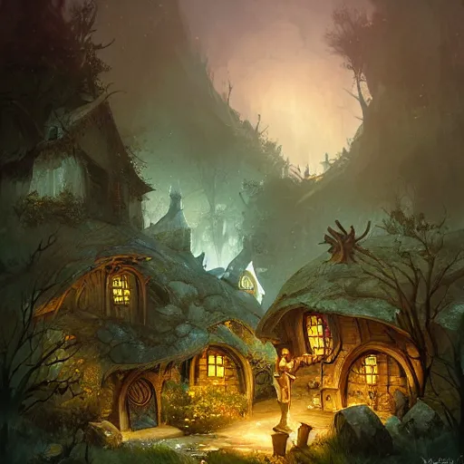 Image similar to night scene of a hobbit village, by peter mohrbacher and dan mumford and nekro, cgsociety, volumetric light, 3 d render