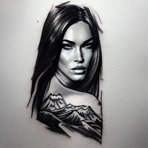 Image similar to double exposure tattoo sketch of megan fox with beautiful mountain scenery, hyper - realistic, in the style of den yakovelev, amazing detail, sharp