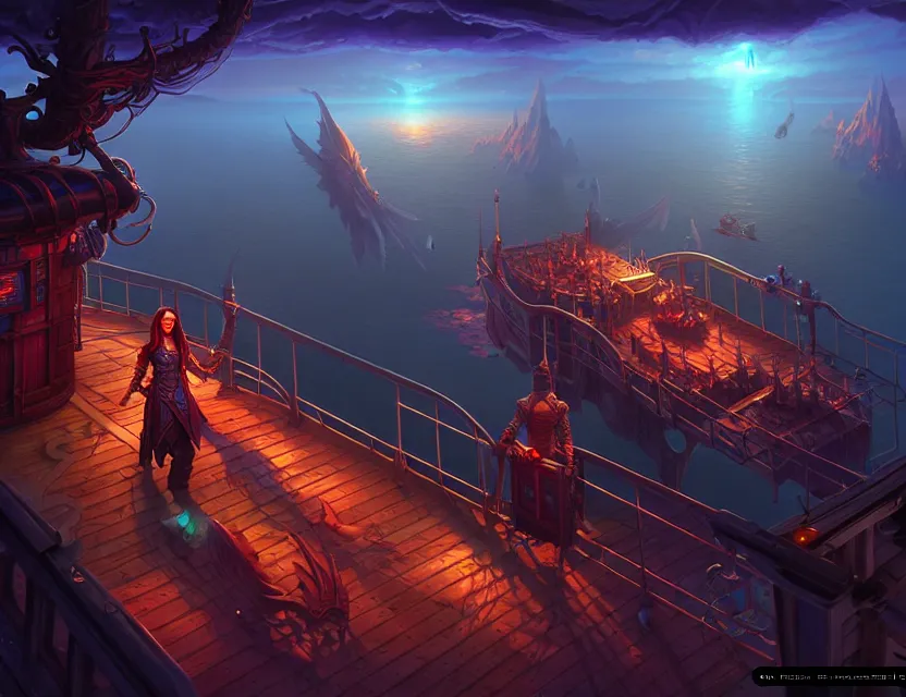 Image similar to standing upon the deck of the flying ship, d & d fantasy art, artstation contest winner, beautiful digital painting in the style of dan mumford, art by kev chan, volumetric lighting, concept art, speedpainting, fantasypunk, deep colors, cgsociety, by gerald brom