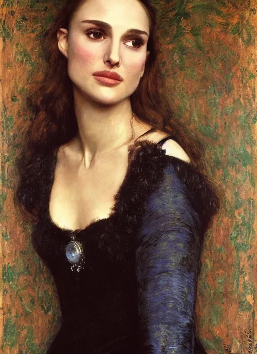 Image similar to a beautiful painting of natalie portman by John Everett Millais and Dante Gabriel Rossetti and John Collier and john william waterhouse, pre-raphaelite, detailed, trending on artstation, hd, masterpiece