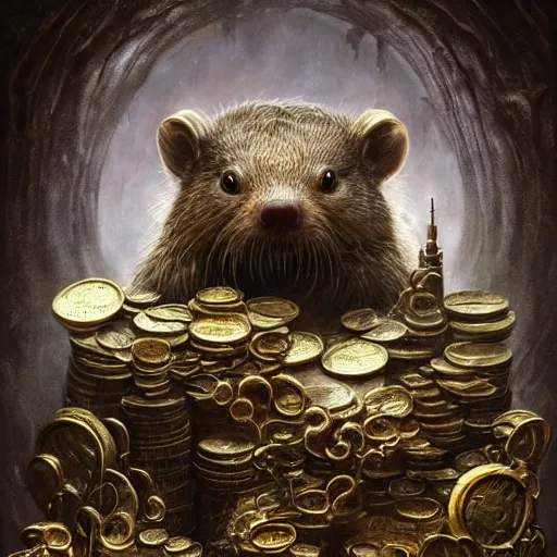 Prompt: a beautiful detailed 3d matte portrait of a alchemist beaver, by ellen jewett, by tomasz alen kopera, by Justin Gerard, ominous, magical realism, texture, intricate, skull, skeleton, gold coins, money, whirling smoke, alchemist bottles, radiant colors, fantasy, volumetric lighting, high details