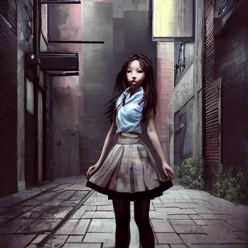 Prompt: a perfect, hyperrealistic professional oil painting of a Japanese schoolgirl posing in a dystopian alleyway, style of Marvel, full length, by a professional American senior artist on ArtStation, a high-quality hollywood-style concept