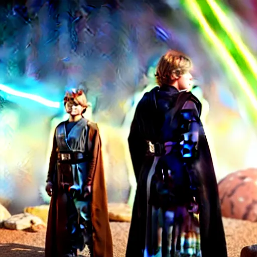 Image similar to luke skywalker and anakin skywalker standing proudly shoulder to shoulder ultra realistic, lens flare, atmosphere, glow, detailed, intricate, full of colour, cinematic lighting, trending on artstation, 4 k, hyperrealistic, focused, extreme details, unreal engine 5, cinematic, masterpiece, ultra realistic, hyper realistic, highly detailed, sharp focus, digital art