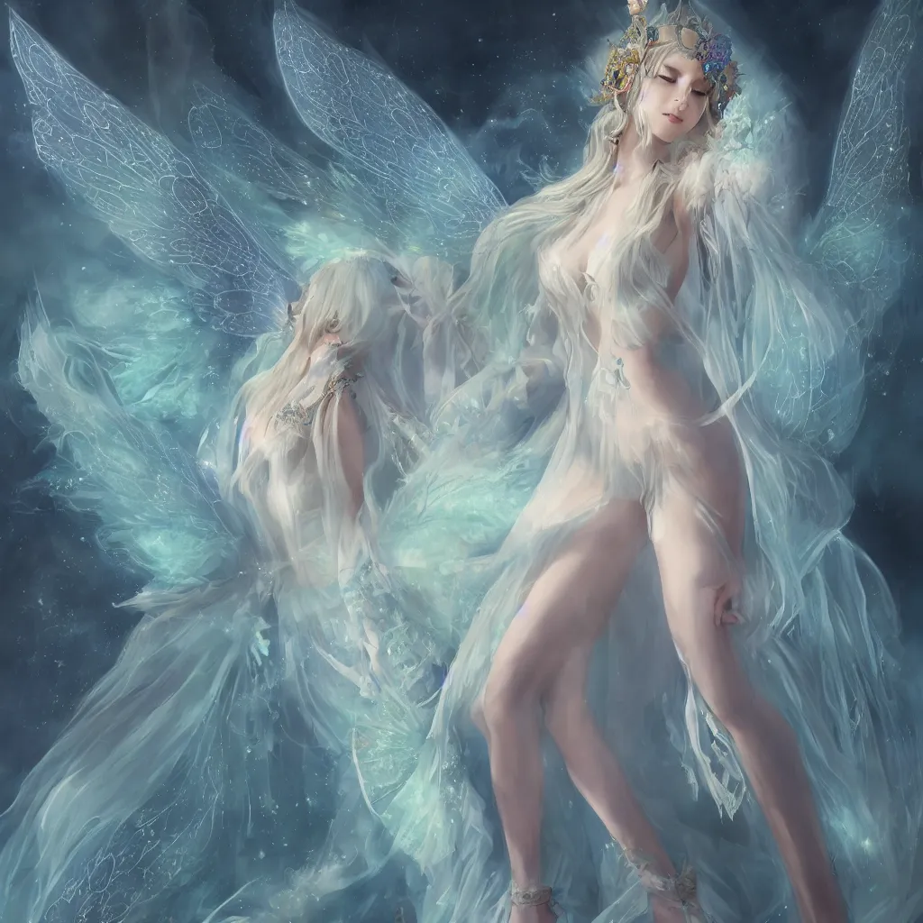 Prompt: a fairy queen with wings wearing a magic silk and lace robe with a hood, realism, emerald, galaxy, sapphire, blonde hair going down to the floor, moonlit, dark fantasy, ice, icy, pale blue, dramatic lighting, cgsociety, artstation