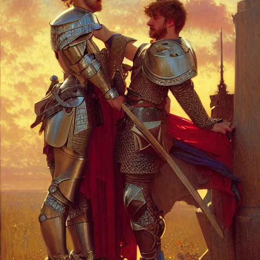 Image similar to attractive arthur pendragon and his attractive male knight, they are in love, natural lighting, path traced, highly detailed, high quality, digital painting, by gaston bussiere, craig mullins, alphonse mucha j. c. leyendecker