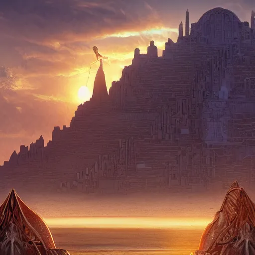 Image similar to establishing shot of atlantis, buildings made of shells with arabic patterns, modern mermaid standing on top of the hill against the morning sun, cinematic composition, concept art, artstation