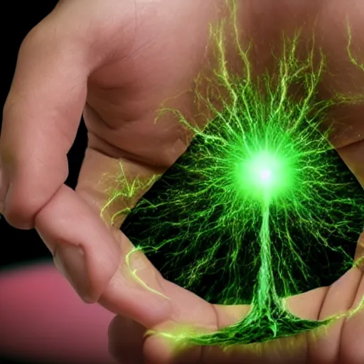 Prompt: green energy spells emit from the hand of a figure