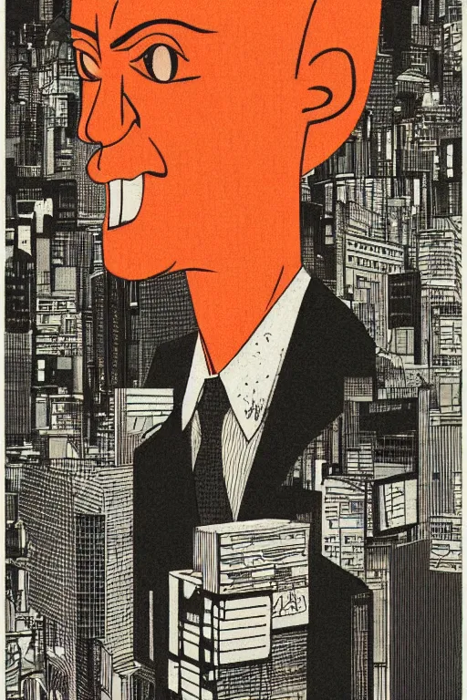 Image similar to tatsuki fujimoto illustration of an orange-headed businessman, creepy face, cyberpunk city