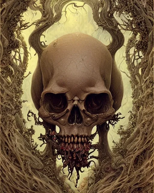 Image similar to a beautiful detailed front view of a dead rotten skull with ornate growing around, ornamentation made of baroque architecture, elegant, beautifully soft lit, by wayne barlowe, peter mohrbacher, kelly mckernan