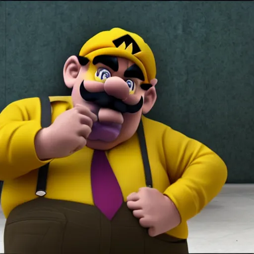 Image similar to wario as a shady car salesman, realistic, 4 k, hd.