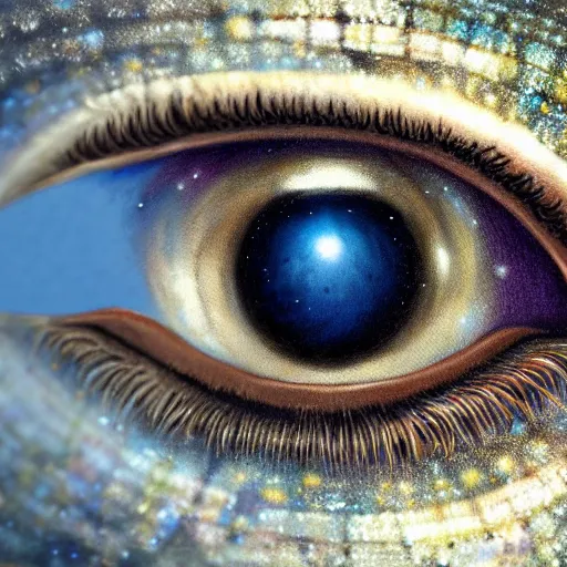 Image similar to low angle shot of a eye with the galaxy in the iris by clive barker, intricate, elegant, highly detailed, centered, digital painting, artstation, concept art, smooth, sharp focus, illustration, artgerm, Tomasz Alen Kopera, Peter Mohrbacher donato giancola, Joseph Christian Leyendecker, WLOP, Boris Vallejo.