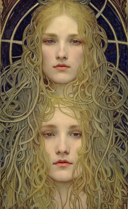 Image similar to detailed realistic beautiful young medieval queen face portrait by jean delville, alphonse mucha, vincent van gogh, and marco mazzoni, art nouveau, symbolist, visionary, gothic, pre - raphaelite