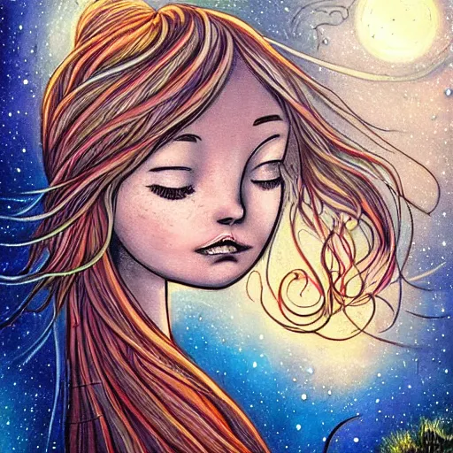 Image similar to Street art. A beautiful illustration of a young girl with long flowing hair, looking up at the stars. She appears to be dreaming or lost in thought. by Tim Shumate, by Carsten Meyerdierks elaborate, precise