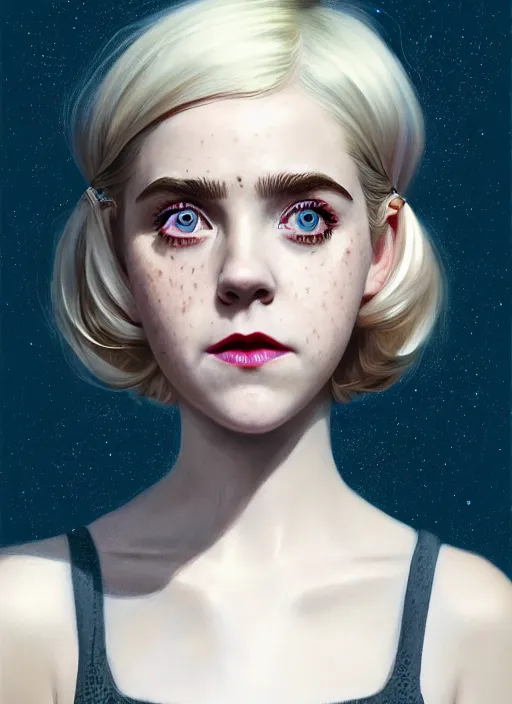 Image similar to portrait of kiernan shipka as sabrina spellman, freckles, white hair, 1 9 6 0 s bob hairstyle, hairstyle with bangs, hairband, intricate, elegant, glowing lights, highly detailed, digital painting, artstation, concept art, smooth, sharp focus, illustration, art by wlop, mars ravelo and greg rutkowski