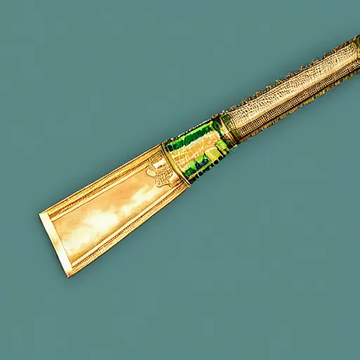 Image similar to photograph of a large green and teal crystal sword with a gold sword hilt